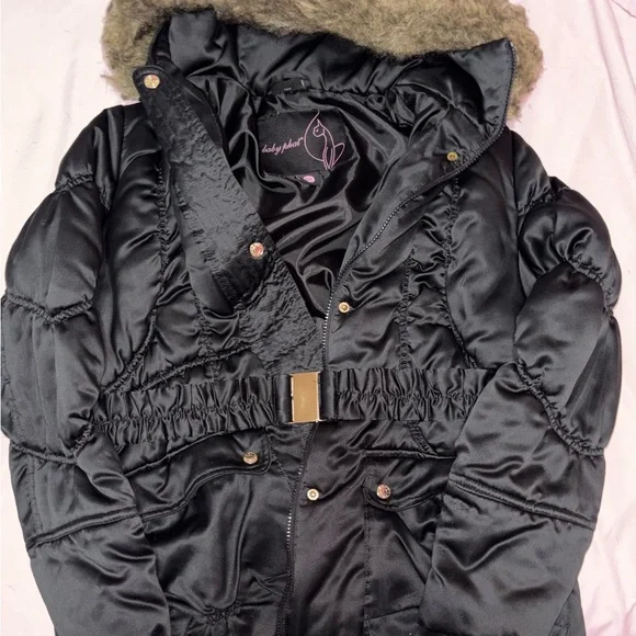 Baby Phat Satin Black Puffer Coat with Faux Fur Hood - Picture 1 of 8